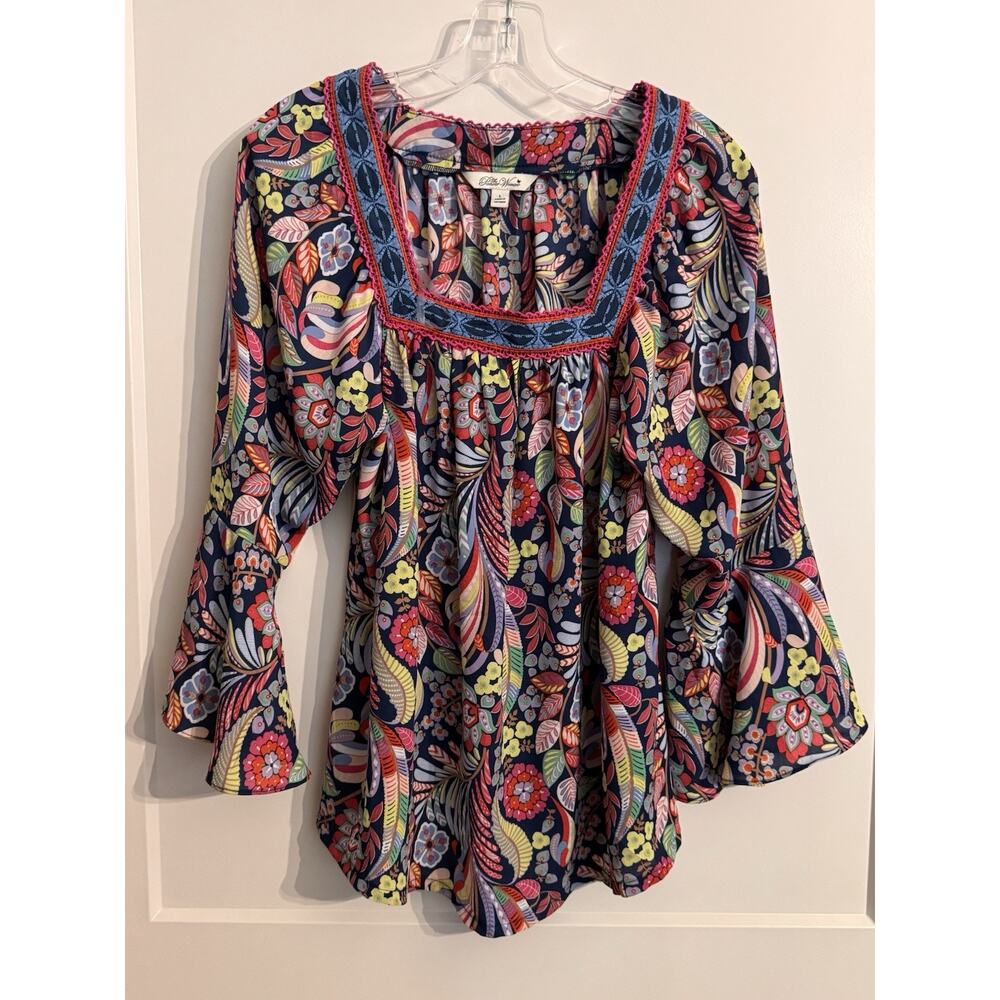 The Pioneer Womens Boho Floral Square Neck Flutter Sleeve Blouse Top Shirt Sz L